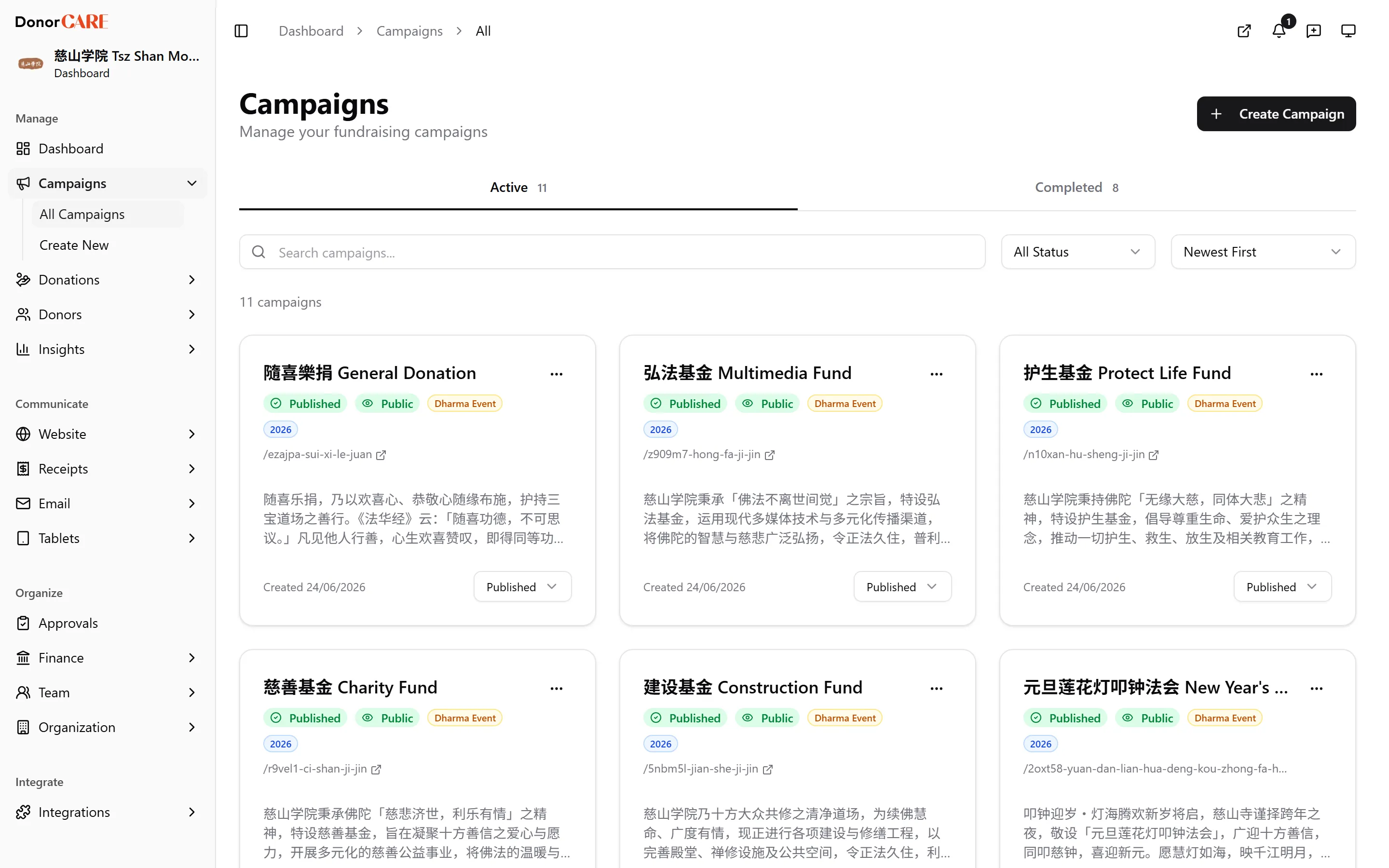 the Items tab for a Regular Campaign showing an item card with its type toggle