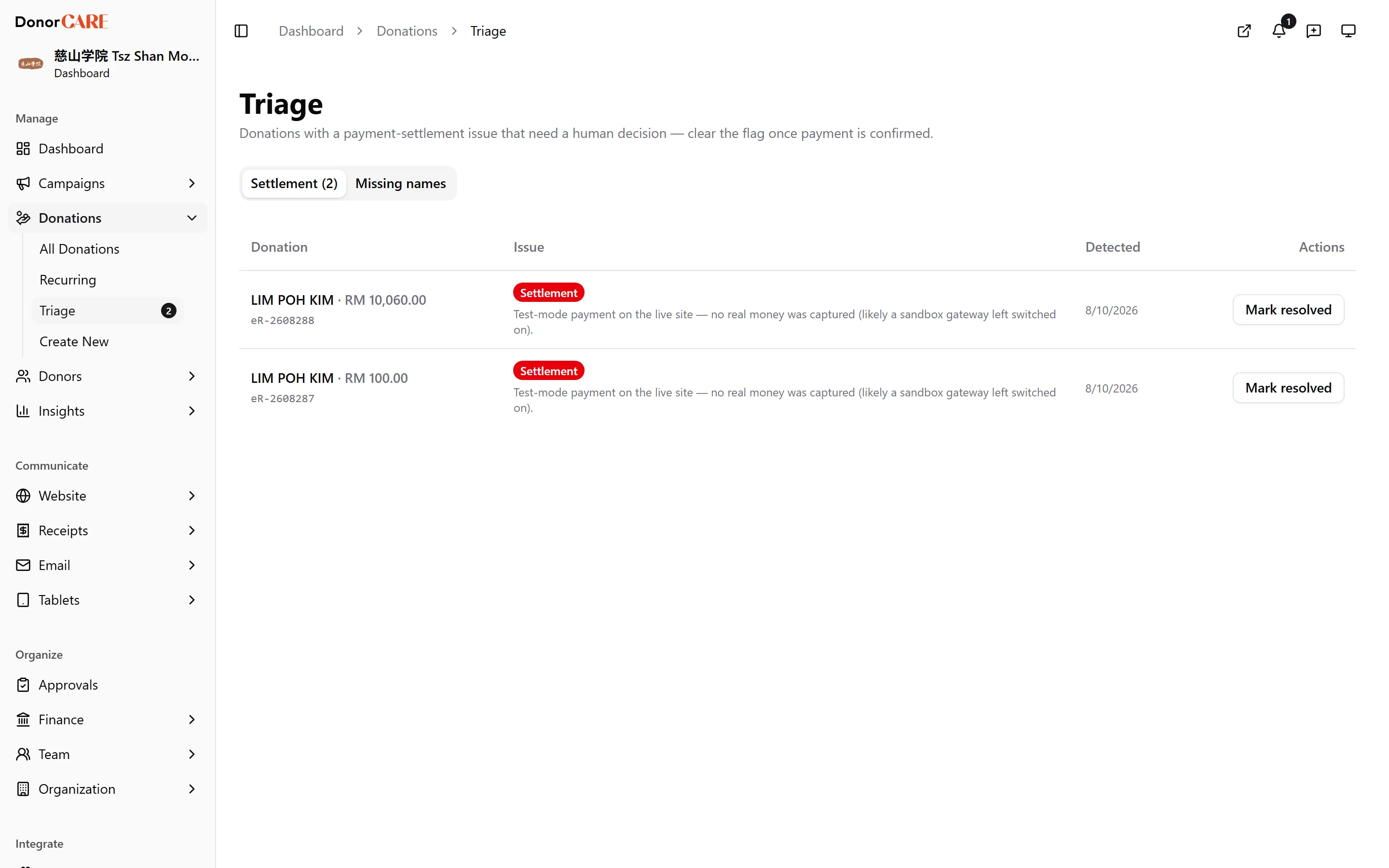 the Settlement tab with a flagged row expanded