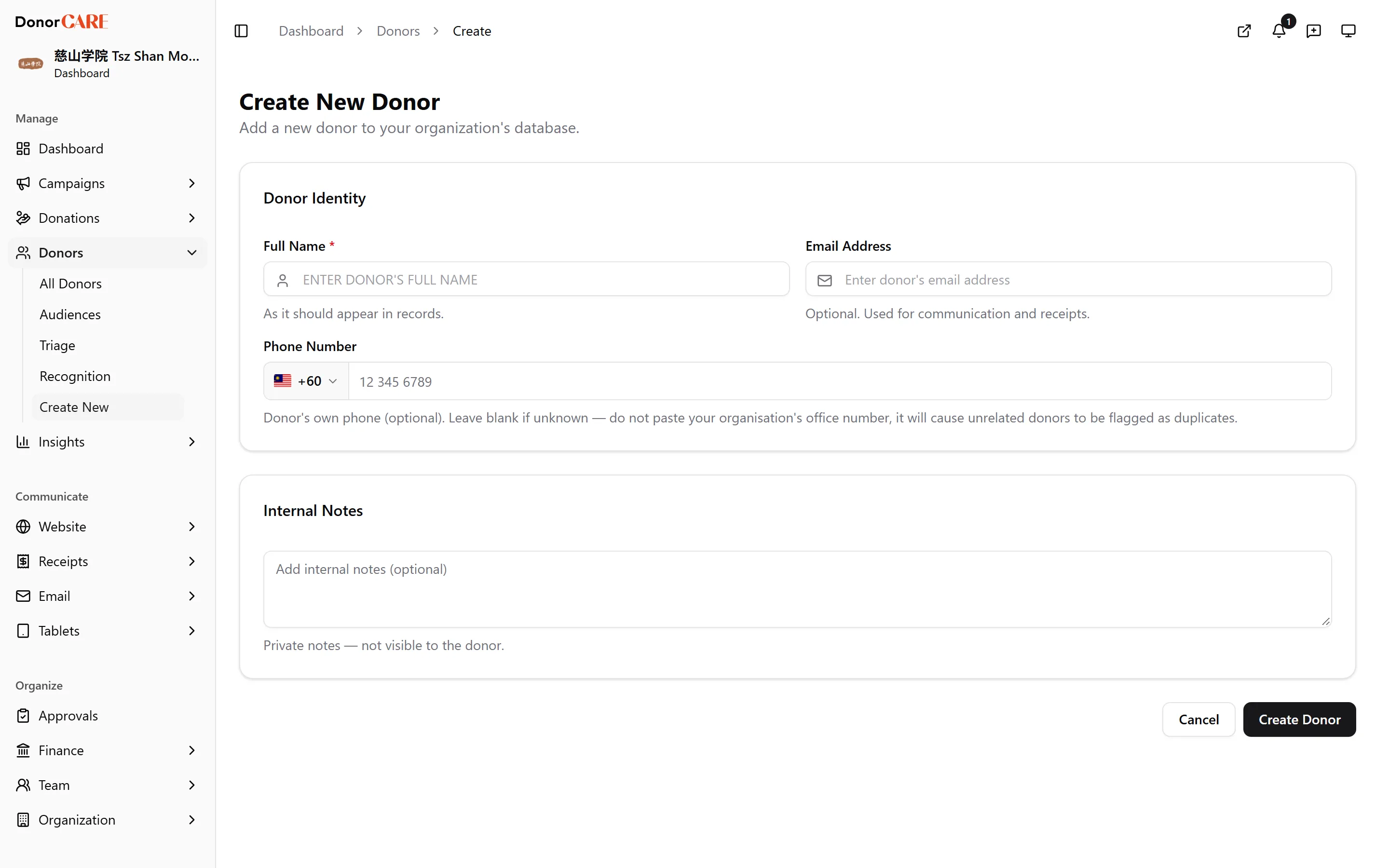 the Create Donor form, Donor Identity card visible