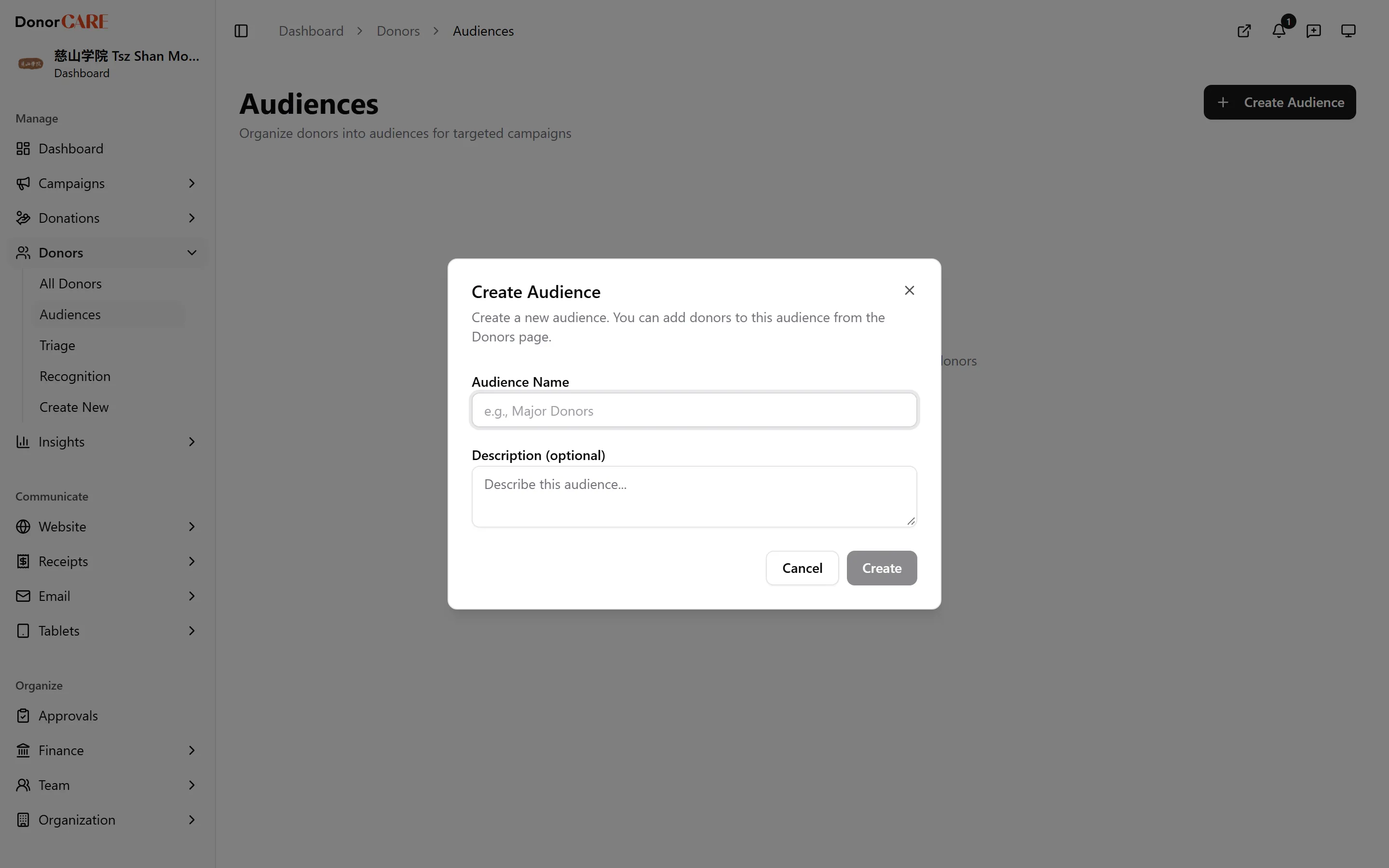 the Audiences page with the Create Audience dialog open