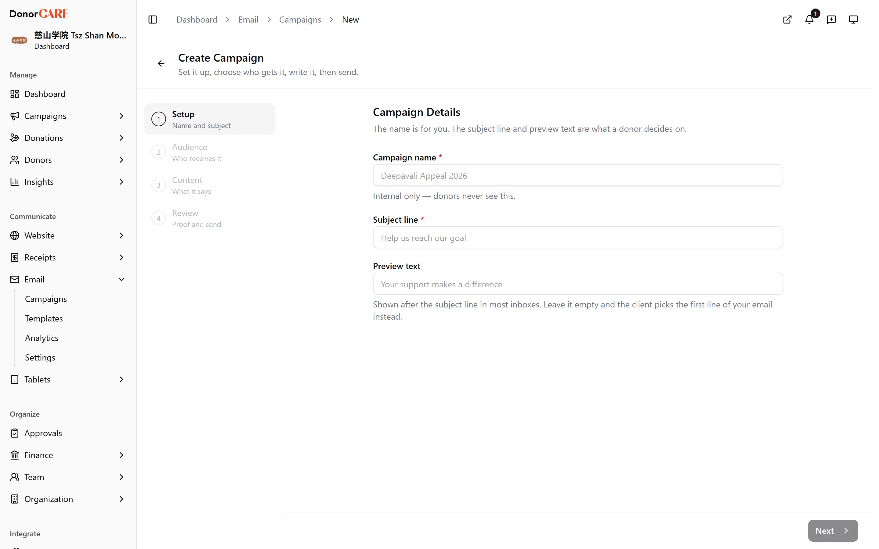 the campaign wizard’s step rail showing Setup, Audience, Content, Review