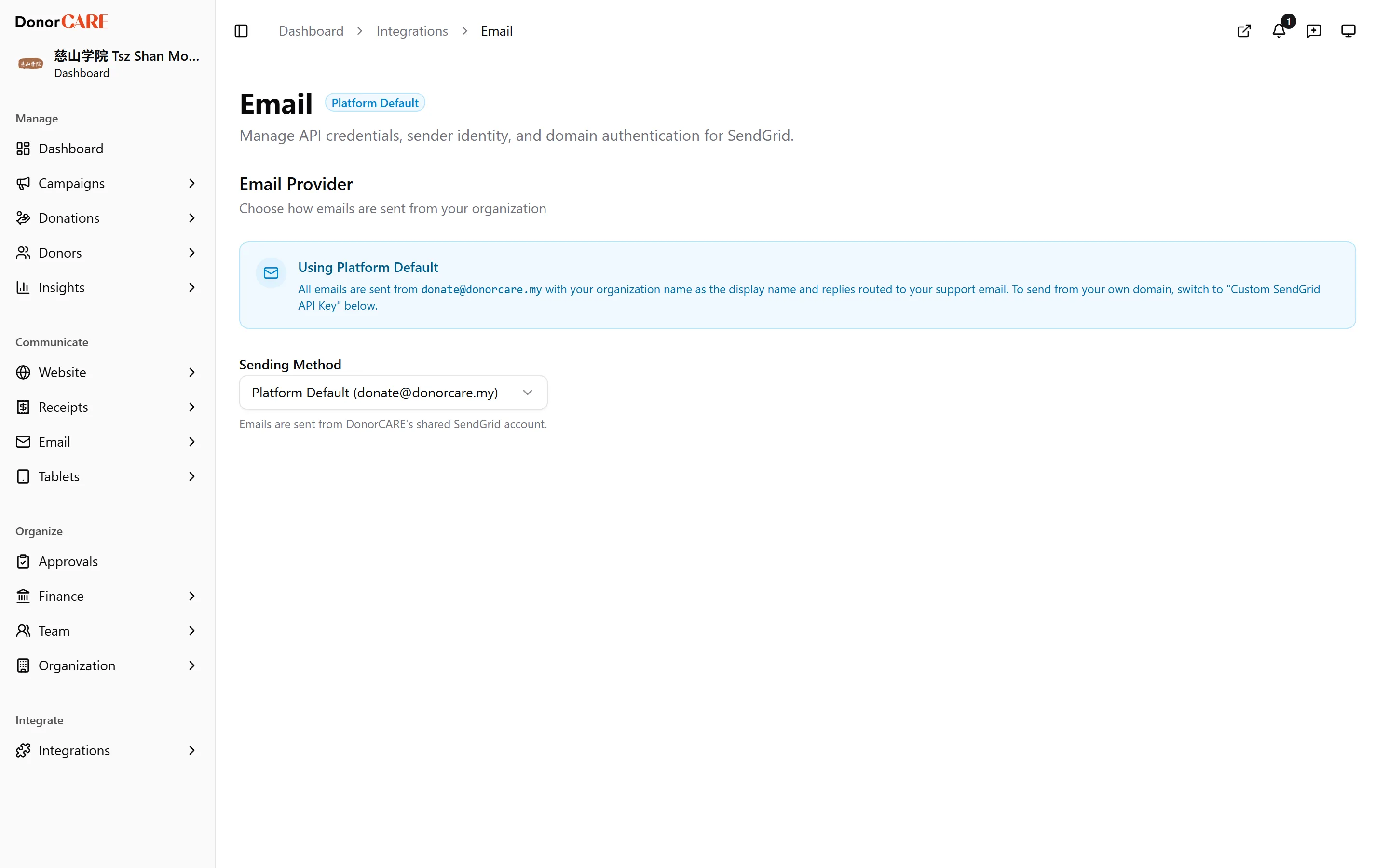 the Email Provider card set to Custom SendGrid API Key