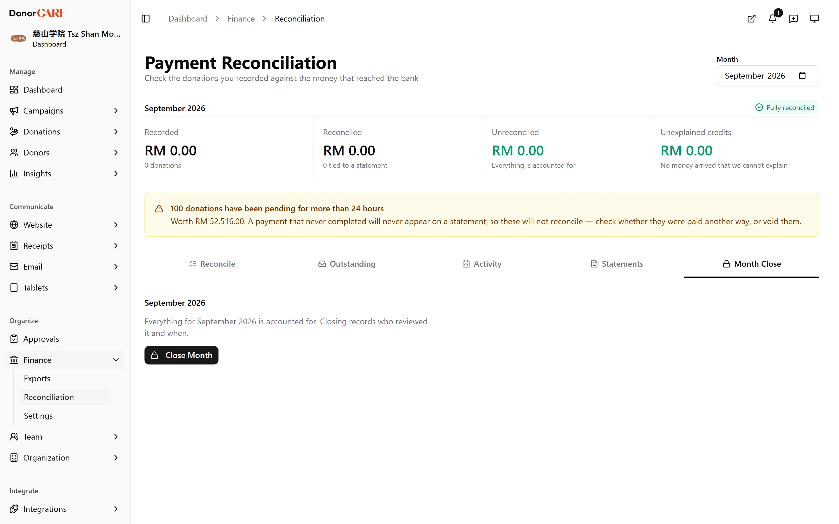 the Month Close tab before sign-off, with the notes field