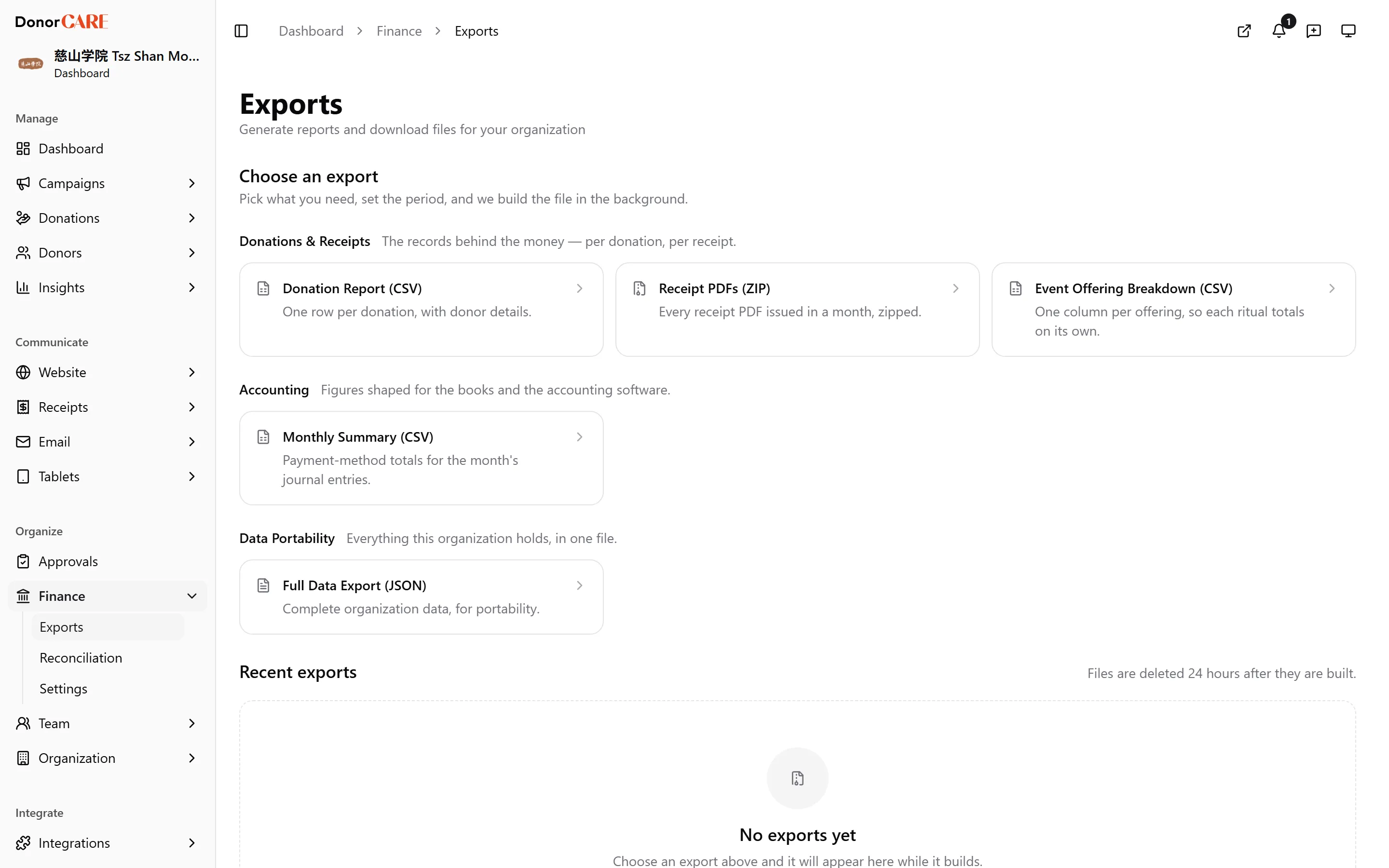 the export catalog with its cards grouped by errand