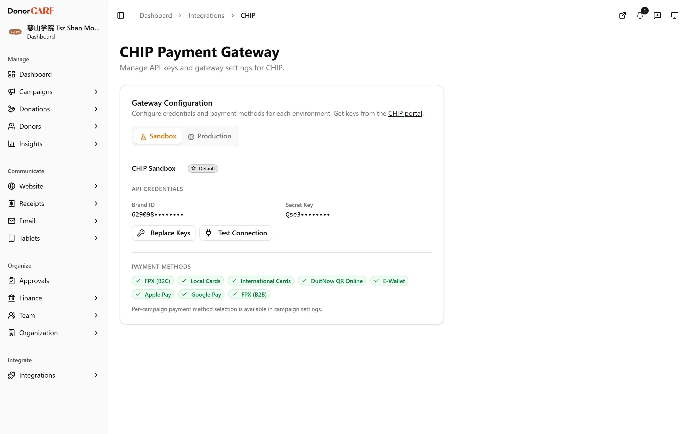 the Sandbox/Production tabs on the payment gateway settings page