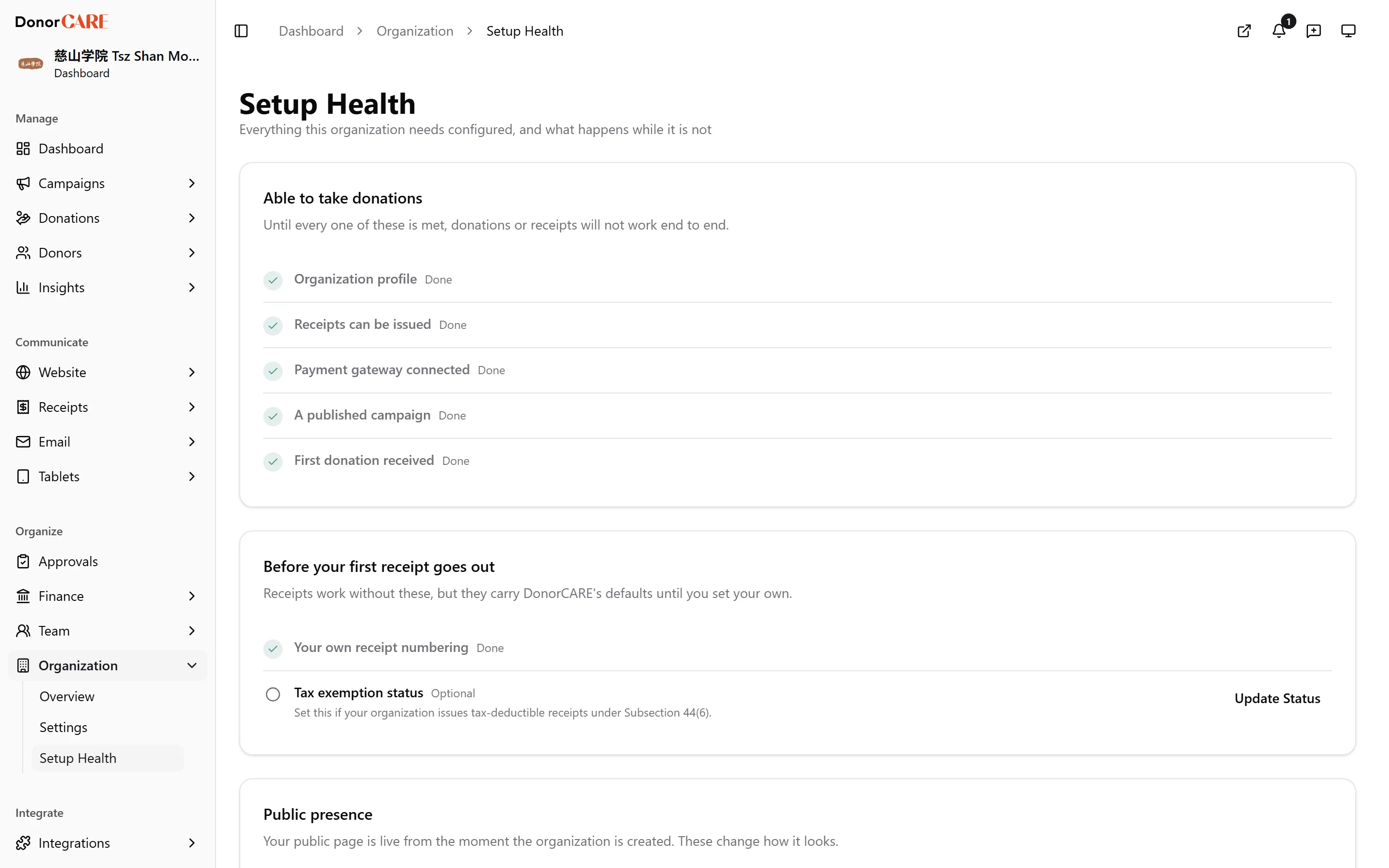 the “Able to take donations” card on Setup Health, all five items green