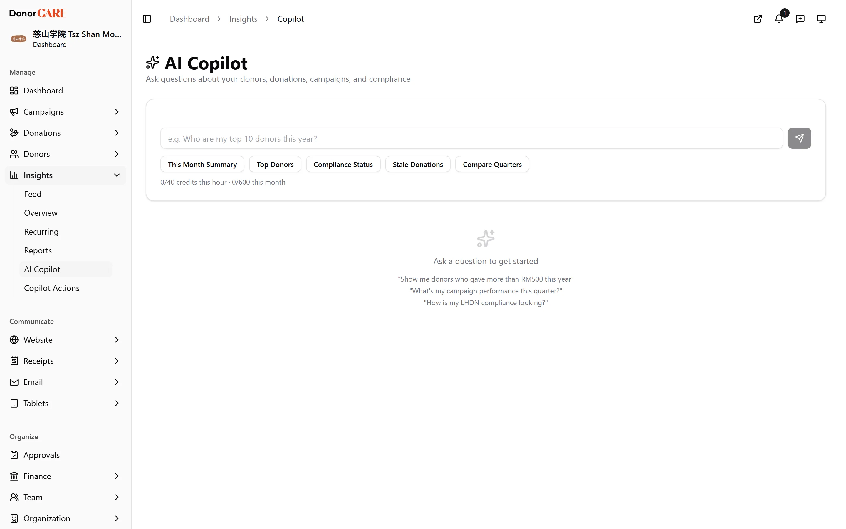 the Copilot page with a quick-action row and empty results