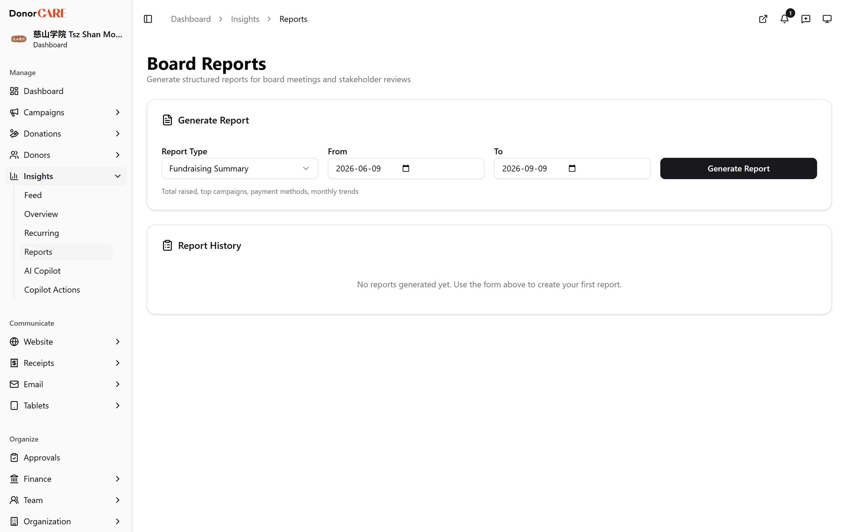 the Generate Report card with the report type selector
