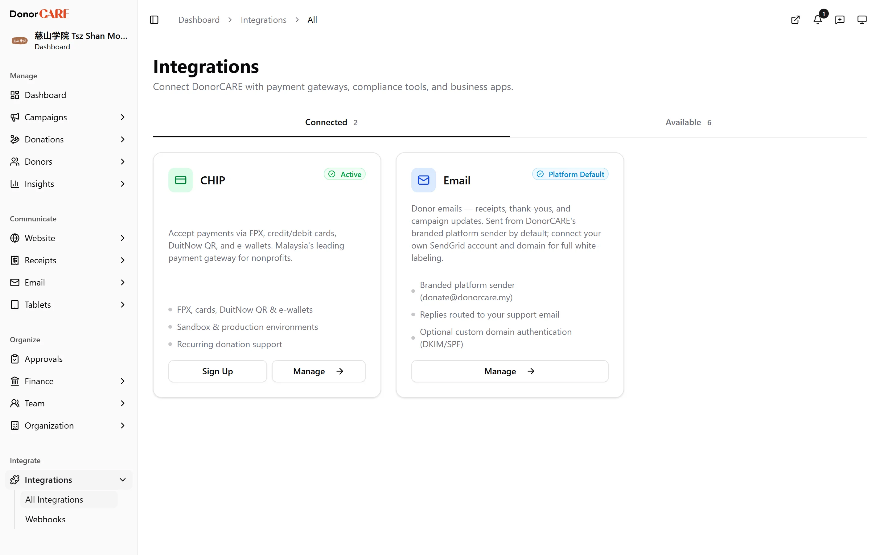 the All Integrations page with the FormCARE card