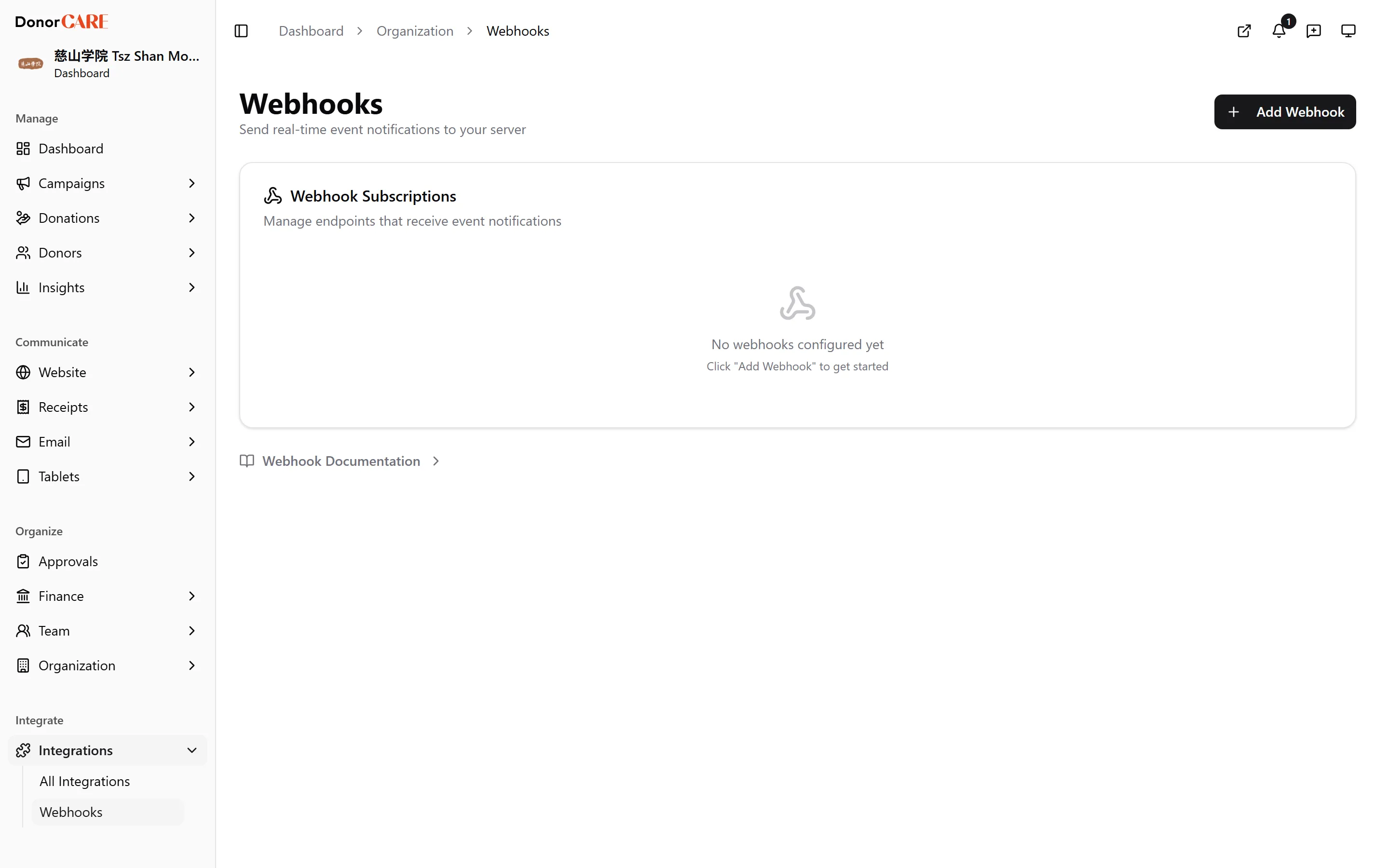 the Webhooks page, empty state with Add Webhook button