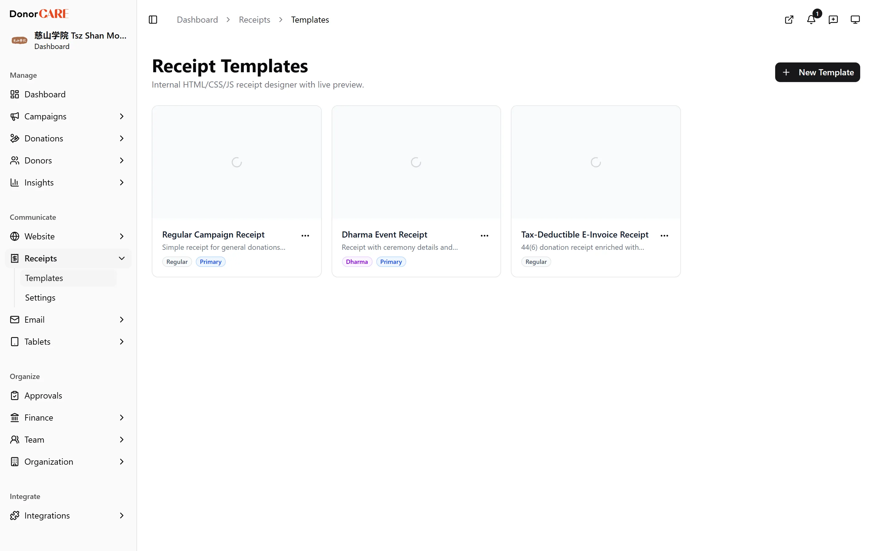 the Receipt Templates list showing the Primary badge and the row menu with Set Primary, Rename, Reset to Default and Delete