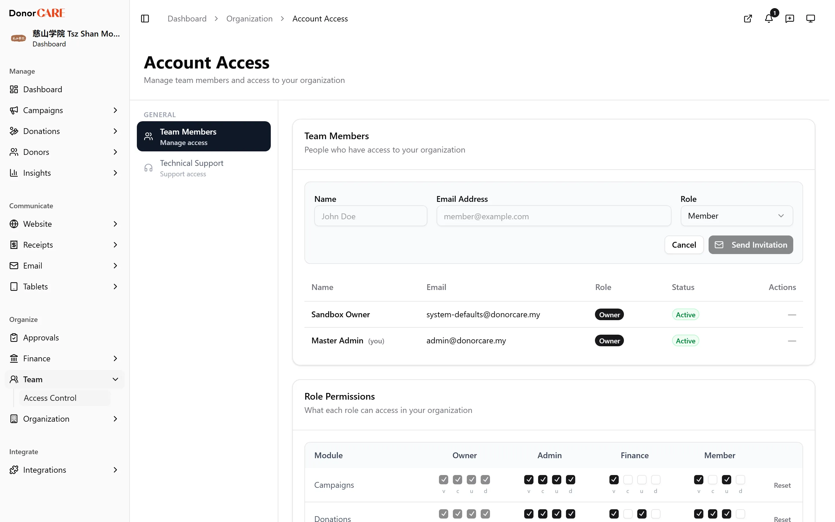 the Invite Member form with Name, Email Address and Role fields