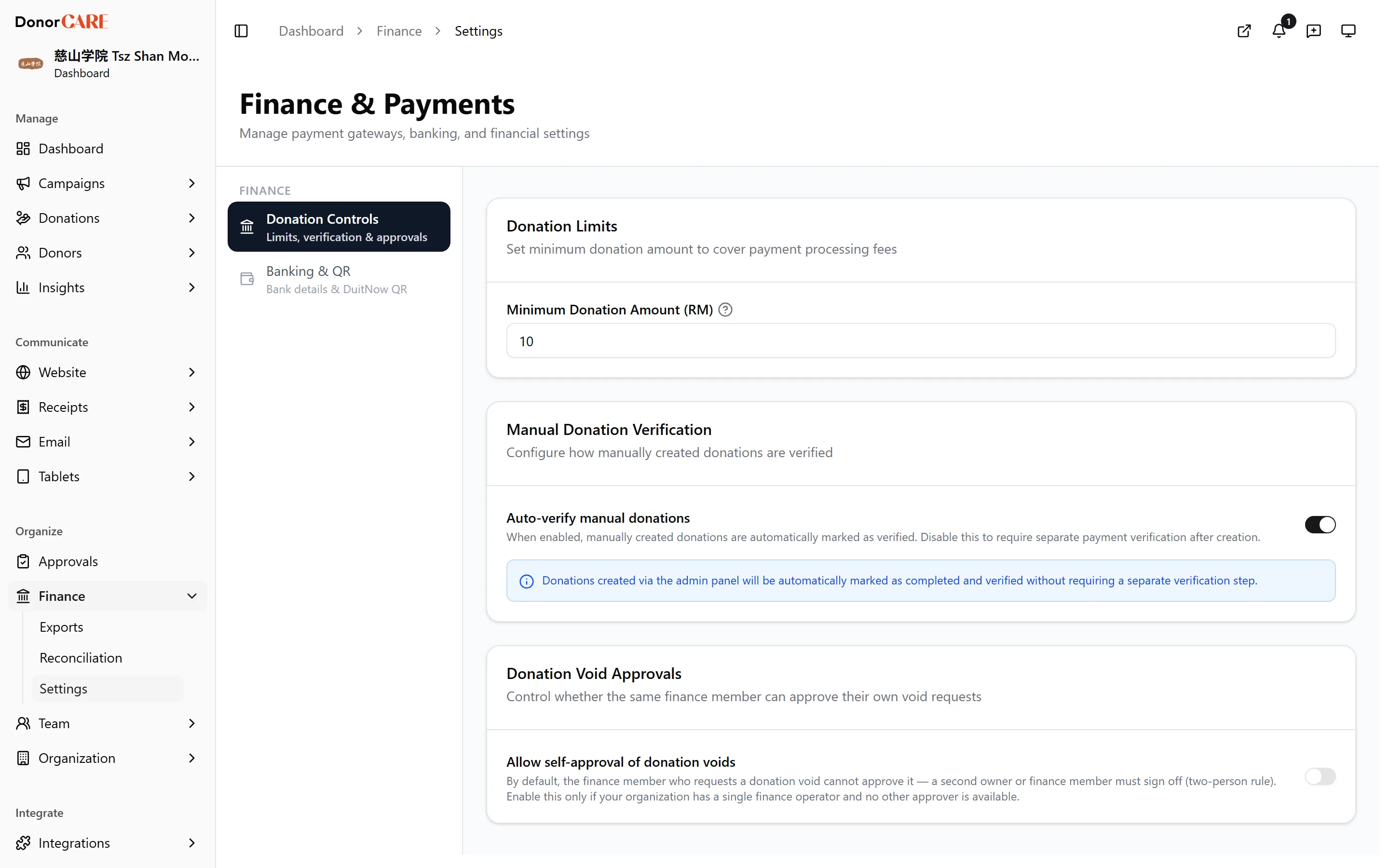 the “Allow self-approval of donation voids” toggle in Finance settings