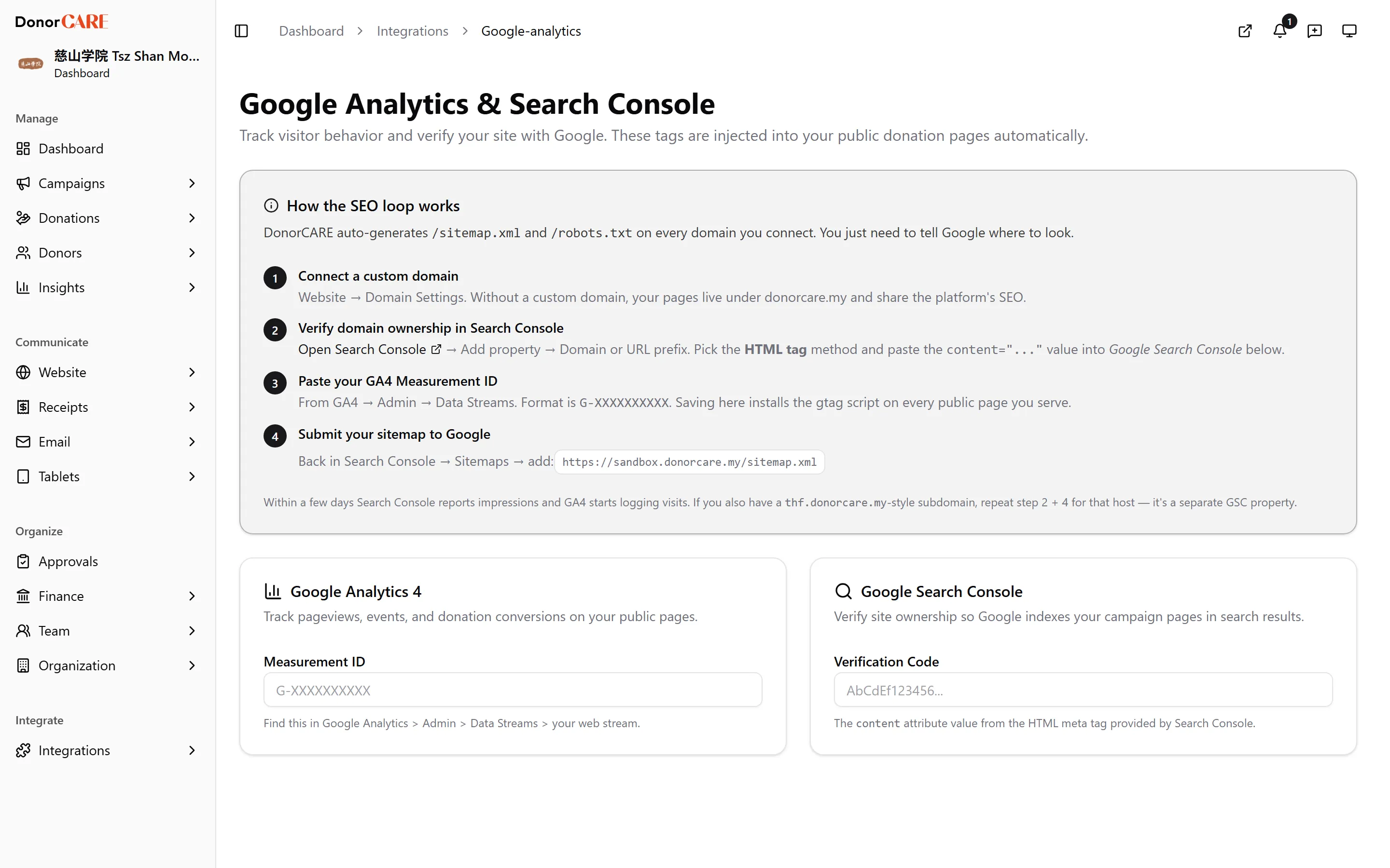 the Google Analytics settings page with the Measurement ID and Verification Code fields