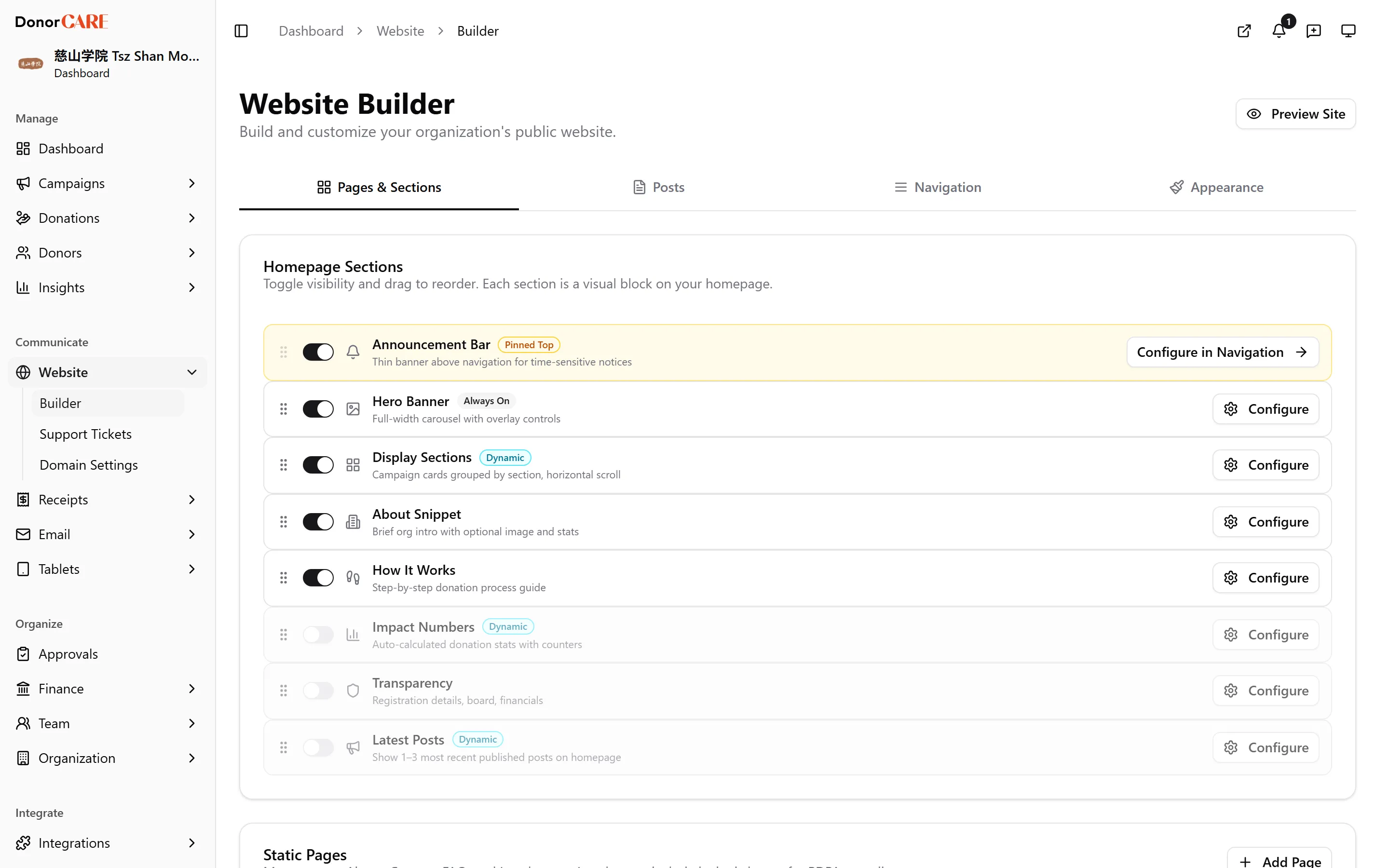 the Builder’s Pages &amp; Sections tab, Homepage Sections card with a few sections toggled on