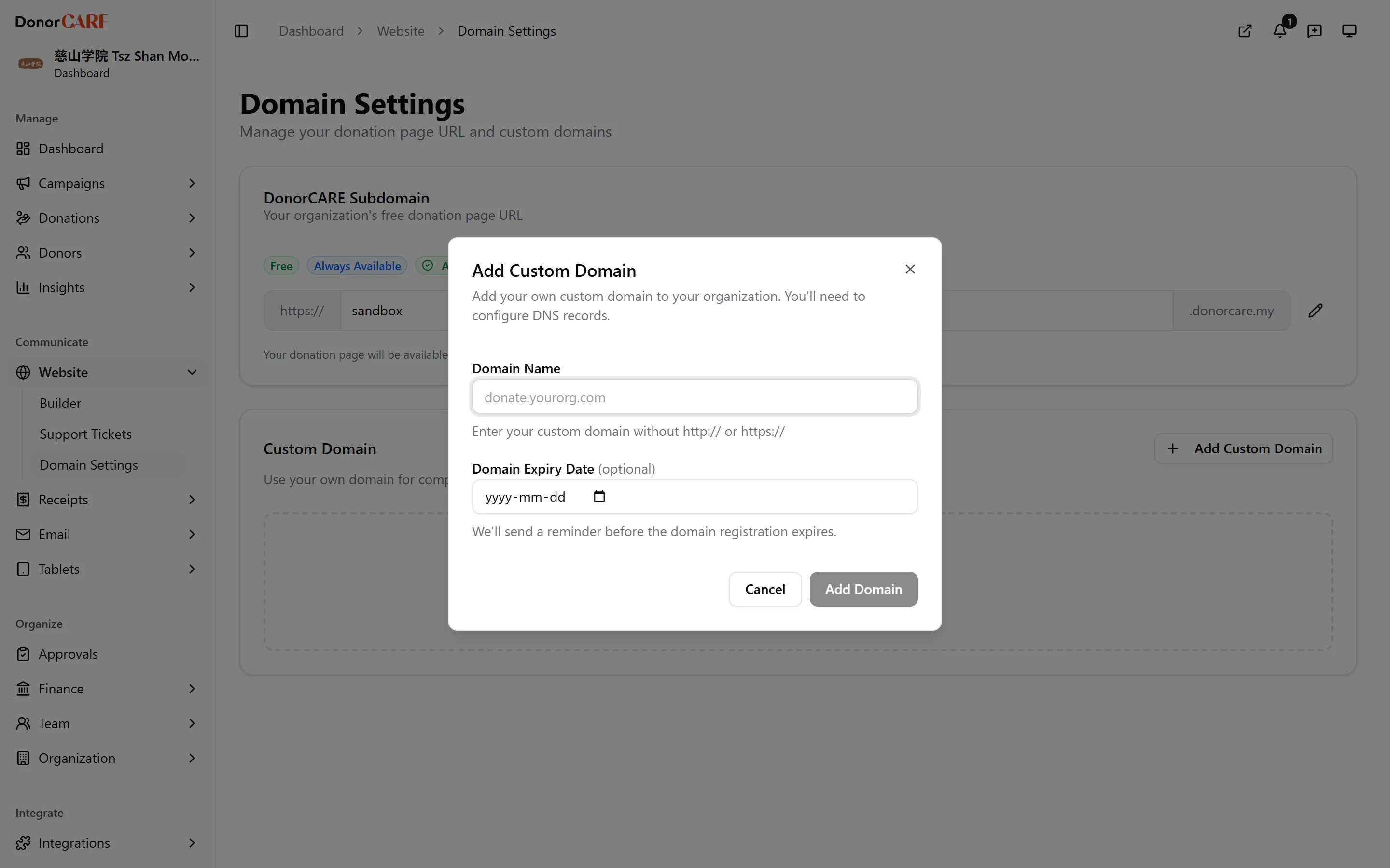 the Add Custom Domain dialog with a domain entered