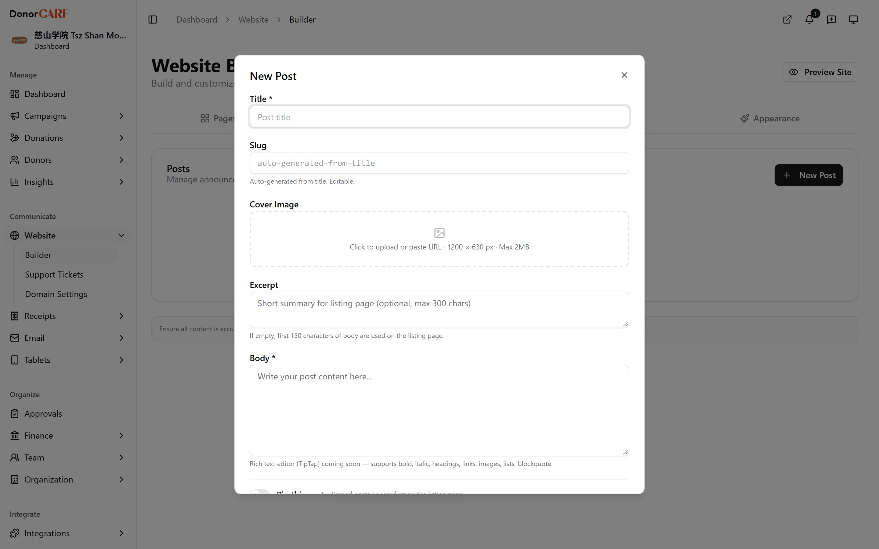 the Posts tab list with the New Post dialog open